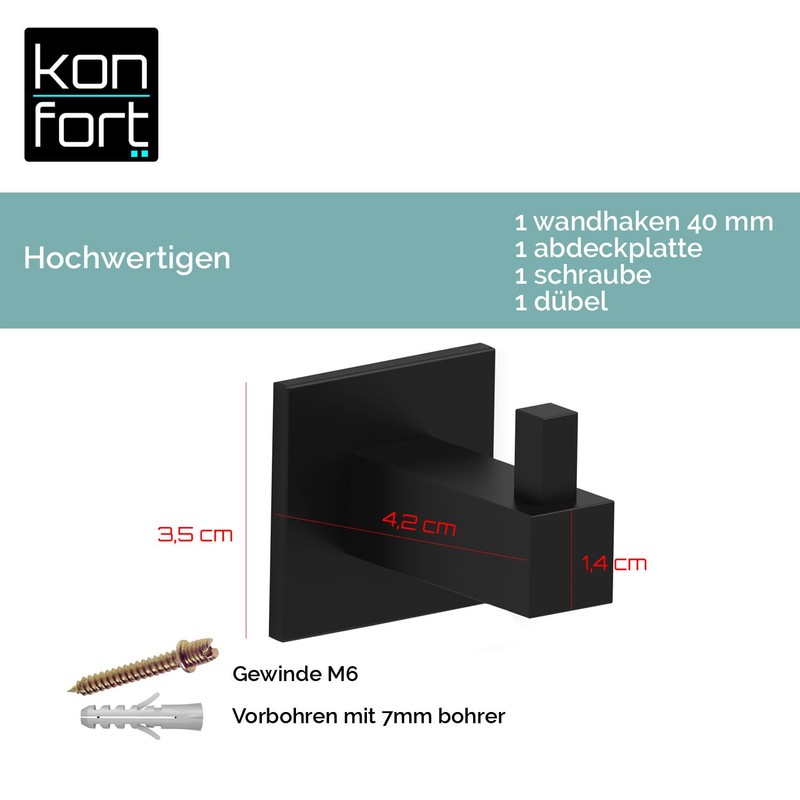 Kon-fort Home Towel Hooks Black Square Bathroom and Kitchen Set