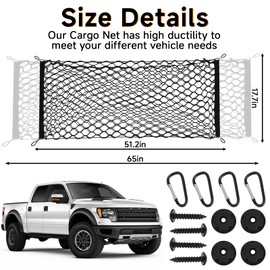 Ajvvf Truck Bed Cargo Net Trunk Netting Fit for All Pickup Trucks, SUV,Cars & Trailers,(51.2"x17.8" to 65"x17.8") Double Thick Heavy Duty Pickup Truck Bed Organizer-5mm Bungee,4 Metal Hooks
