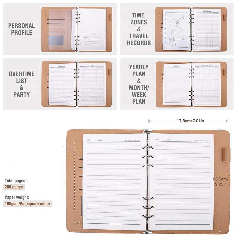 FOBOZONE Notebook A5 leather, refillable diary, student notebook, 200 thick