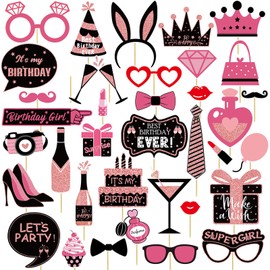 RoundFunny 36 Pcs Girls Birthday Photo Booth Props Hot Pink Party Prop Happy Bachelorette Photo Booth Props for Women or Girls Birthday Bridal Shower Pink Party Supplies