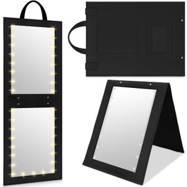 Maysing 1 Pack Foldable Full Length Travel Mirror with Full Light 25.2x11.8 Inch Foldable Hanging Backstage Mirror LED Double Side Lights for Travel Camping Dance Competition Home Fitness Gift(Black)