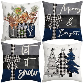 Miaikoe 50x50 cm Christmas Cushion Covers Merry Christmas Joy Xmas Trees Blue and Black Decorative Winter Holiday Cushion Case Decoration for Coach Sofa Set of 4