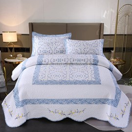 XSlive 3 Pieces Cotton Quilted Embroidered Bedspread Set Oversized Queen Lightweight Reversible Coverlet Comforter Soft Warm Floral Print 1 Quilt and 2 Pillow Shams (Floral,96"x110")