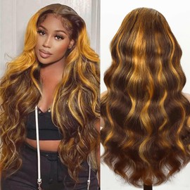Ombre 13x6 Body Wave Lace Front Wigs Human Hair Pre Plucked 220% Density Colored 4/27 Highlight Wigs Human Hair 18 Inch Transparent Lace Frontal Wigs Human Hair Wigs for Women With Baby Hair