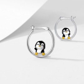Penguin Hoop Earrings 925 Sterling Silver Cute Animal Hoop Earring Hypoallergenic Jewelry for Women