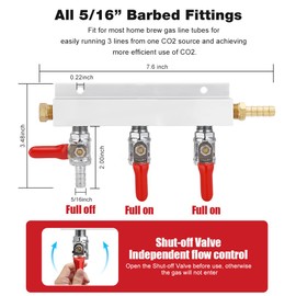 Ferroday 3 Way CO2 Gas Manifold, 5/16" Barbed Fitting Beer Keg Line CO2 Gas Distributor Manifold For Home Brew, 3 Way CO2 Gas Splitter With Integrated Check Valves & Independent Shut Off & 4 Clamps