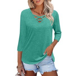 Heymiss Womens Summer Tops Dressy Casual Tshirts 3/4 Sleeve Tops Baisc Solid Tee Cyan