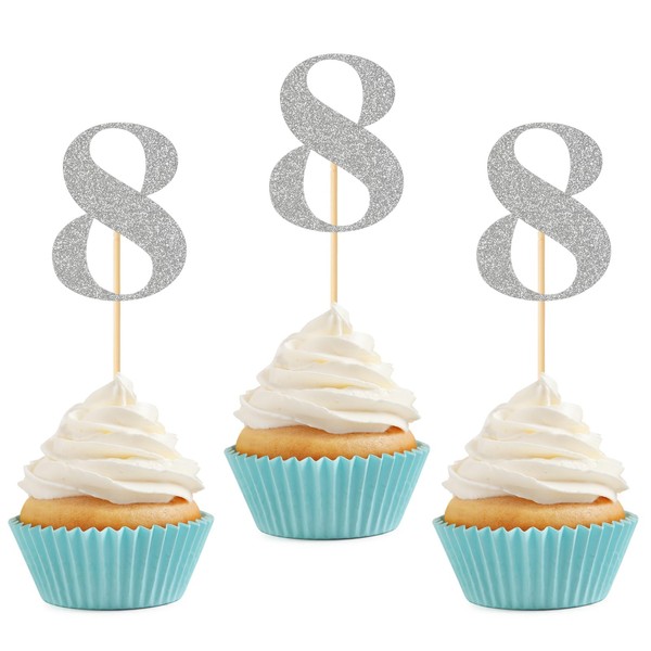 24 piezas de adornos para cupcakes de 8 cumpleaños con purpurina, número 8, púas para cupcakes de ocho aniversario, 8 años, suministros para decoración de cupcakes de fiesta de cumpleaños, color plateado
