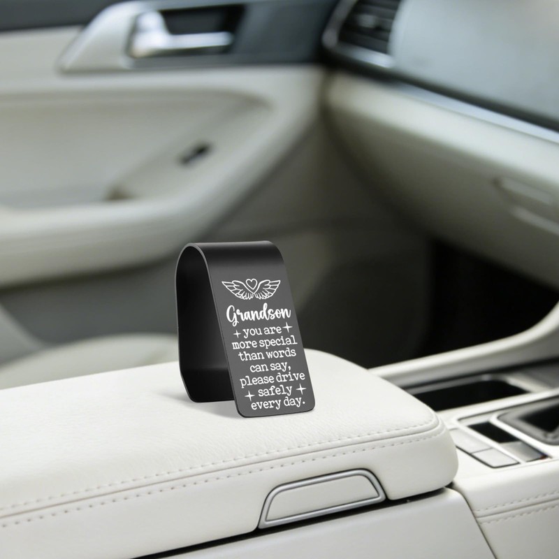 Grandson Drive Safe Car Visor Clip, Stainless Steel Laser Engraved