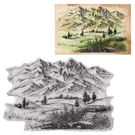 Threetols Mountain Background Clear Stamps for Card Making, Tree Clear Rubber Stamps Scenry Stamps for Holiday Card Making Decor DIY Scrapbooking Transparent Album Decor Paper Craft