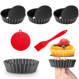Quyimy 4 Pack 4 Inch Mini Tart Pans with Removable Bottom, 1.2 Inch Deep Nonstick Mini Pie Pans Quiche Pan Round, Tart Pans Bakeware Mold Fluted Side for Pies with Oil Brush&Silicone Scrubber