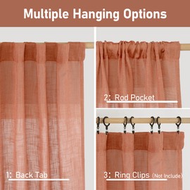 LAMIT Terracotta Semi Sheer Linen Curtains 24 Inch Long, Light Filtering Panels Back Tab and Rod Pocket Neutral Drapes for Cafe/Bathroom/Small Window, 2 Panels, 34 x 24 Inch