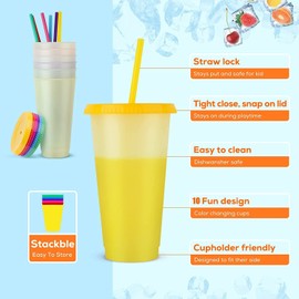 LATERN Pack of 10 Colour Changing Cups with Lids and Straws, 710 ml Reusable Plastic Cups, Cute Children's Drinking Cups, Large Party Cups for Ice-Cooled Drinking Water (10 Colours)
