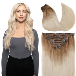 Clip in Hair Extensions Real Human Hair，Natural Human Hair Extensions，Ash Brown to Platinum Blonde Hair Extensions for Women 18 Inch 7pcs/120g