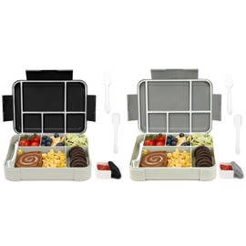 Bugucat Children's Lunch Box with Compartments, 1330 ml, Set of 2, Lunch Box Children's Bento Box, Leak-Proof with 6 Compartments, Cutlery Set, Lunch Box for Girls, Lunch Box for Adults, Black / Grey