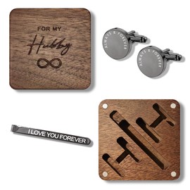 Mens Cufflinks and Tie Clip - Gifts for Husband from Wife - Anniversary, Birthday Gifts for Husband - Cuff Links Tie Bar with Engraved Walnut Wood Box