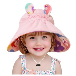 Kids Wide Brim Sun Hat Visor Adjustable Bucket Hat Foldable Double-Sided Pattern for Girls(Bunny Pink)
