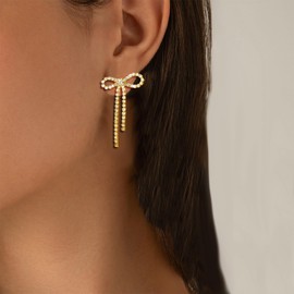 Bow Earrings for Women Silver Rhinestone Bow Earrings Sparkly Earrings Long Bow Dangle Earrings Bow Jewelry Hot Pink Purple Blue Black Red Bow Earrings for Women Dainty Bow Stuff Christmas (Gold)