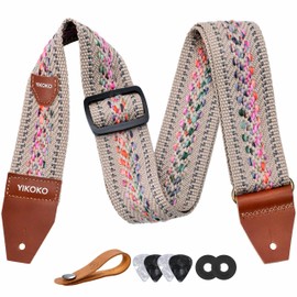 YIKOKO Guitar Strap with Pick Pocket，2 inch Cotton Guitar Straps with Full Grain Leather End, for Bass Electric and Acoustic Guitars, Free Strap Button, 2 Strap Locks and 4 Guitar Picks