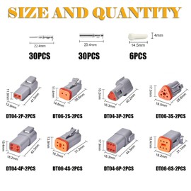 Deutsch DT Connector Kit, 2 3 4 6Pin 2 Sets Gray Waterproof Electrical Stamped Contact Seal Plug Truck, Off-Road Vehicles, Agriculture, Marine, Motorcycle Wiring