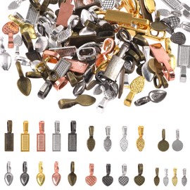 Tanstic 120Pcs Mixed Color Alloy Flat Pad Bails, Glue on Bails Tag Heart Tibetan Style Pendant Bails Spoon Oval Rectangle Heart Round Leaf Shape Jewelry Bails Charms for Jewelry Making (6 Styles)