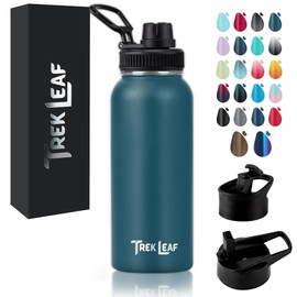 Trek Leaf Travel Water Bottle with 3 Lids (Spout, Straw, Flip) Leak Proof, Quality, Vacuum Insulated, Stainless Steel (Cascade Teal, 32 oz)