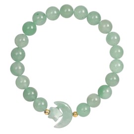 Nupuyai Carved Moon Star Green Aventurine Crystal Stone Bracelet for Women, 8mm Round Beads Stretch Bracelet Lucky Charm