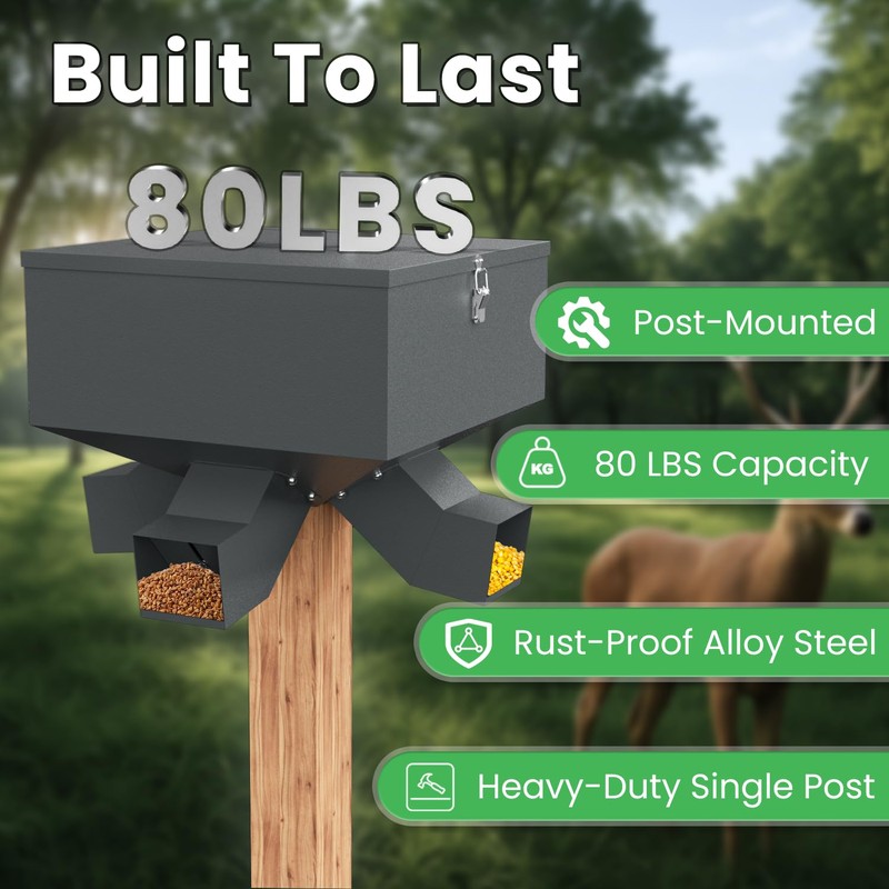 Portable 80LB Gravity Deer Feeder, Heavy Duty Metal Wildlife Feeder