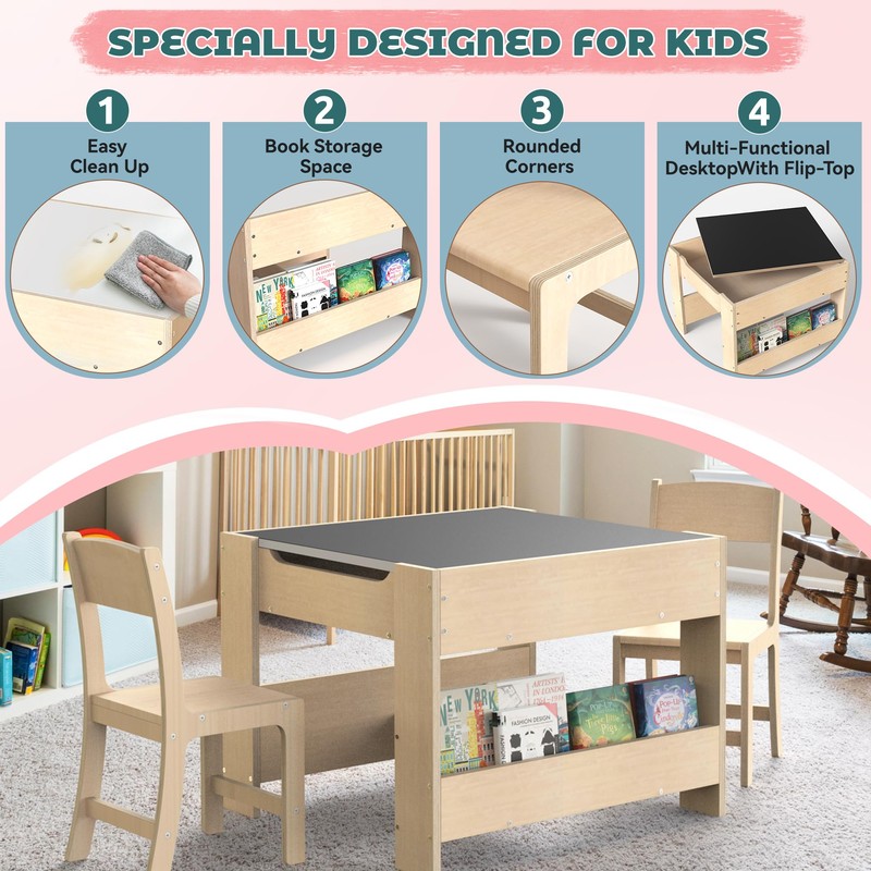 bbgroundgrm 4-in-1 Kids Wooden Activity Desk & Chair Set –