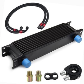 HTRACING 10 Row AN10 10AN Transmission Oil Cooler Kit Stacked Plate Universal British Radiator Oil Cooler Condenser with Fuel Line Hose Mounting Nut Adapter Fuel Hose Clamp Aluminium Alloy Black