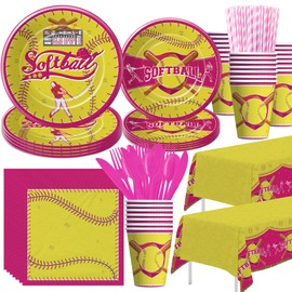 YJRJSC Softball Birthday Party Supplies Girl, Softball Party Decorations Tableware, Plate, Cup, Napkin, Tablecloth, Cutlery, Straws, Sports Softball Party Supplies, Serves 24