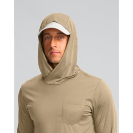 Men's Sun Protection Shirts UPF 50+ Long Sleeve Hoodie with 2 Pockets UV SPF Fishing Hiking Rash Guard Outdoor Shirts (Khaki, Medium)
