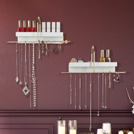 J JACKCUBE DESIGN Gold and White Wall Mounted Hanging Jewelry Organizer Holder Set of 2 for Necklaces, Rings, Bracelets and Earrings with White Display Shelf- MK692A