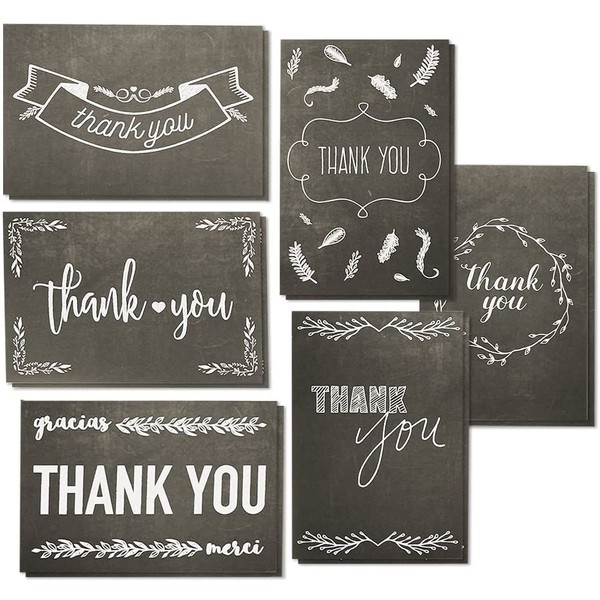 144-Count Thank You Cards with Envelopes, Blank 6 Assorted Bulk Thank You Greeting Notes Black and White Chalkboard Designs for Graduation Baby and Bridal Shower Birthday Wedding Party, 4 x 6 inches
