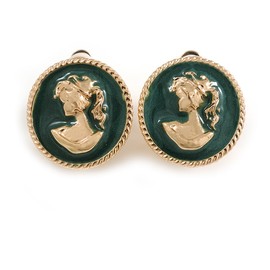 Round Green Enamel Cameo Motif Clip On Earrings in Gold Tone - 20mm D