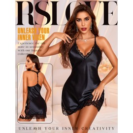 RSLOVE Satin Nightdress Women's Sexy Negligee Sleep Dress Sleepwear, black