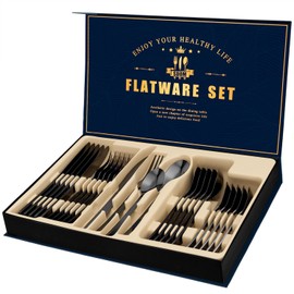 SDOM Silverware Set, Mirror Finish 24-Piece Stainless Steel Square Flatware Set for 6, Food-Grade Tableware Cutlery Set, Utensil Sets for Home Restaurant, Dishwasher Safe（Black）