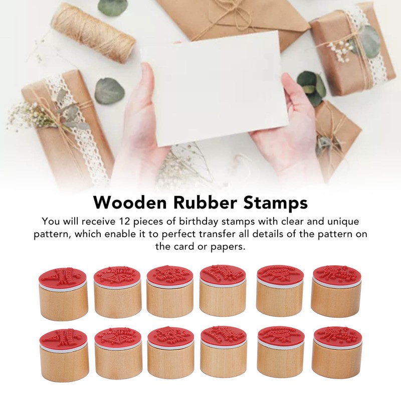 12Pcs Birthday Stamps Wooden Handle Assorted Style Clear Pattern Wooden