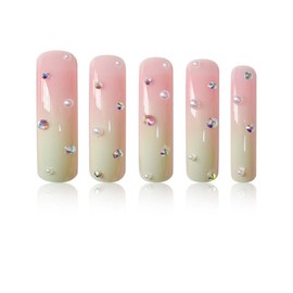 Curved Press on Nails Long Fake Nails with 5D Rhinestone Pearl Charm Design Glossy Ombre Pink White Stick on Nails Reusable Full Cover Glue on Nail Curved False Nail for Women Girls Manicure 20Pcs