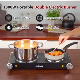 CUSIMAX Double Hot Plates, Cast Iron hot plates, 1800W Electric Cooktop, Hot Plates for Cooking Portable Electric Double Burner, Black Stainless Steel
