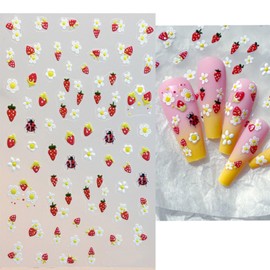 Flowers Nail Art Stickers Cute Strawberry Butterfly Ladybug Nail Decals 5D Embossed Self-Adhesive Nails Design Manicure Sliders Spring Summer Daisy Flowers Nail Stickers for Women DIY Manicure, 4PCS