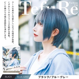 TefuRe D-3110-BkBgy Short Bob Wig, Heat Resistant, Full Wig, Black Hair, Brown, Gray, Blue, Natural, Round Silhouette, Wig Net Included, Round Short, Black, Blue Gray