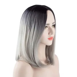 Pelucas de Pelo Liso Bob Corto para Mujer 45 Cm Ombre Black Grey Bob Pelucas Longitud del Hombro Peluca Completa Pelucas Sintéticas Resistentes Al Calor para Mujer Disfraz de