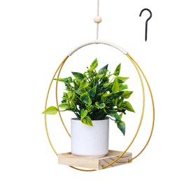 Diyxisk Hanging Flower Pot, Metal Ring Hanging Flower Pots, Hanging Flower Pot Outdoor, Hanging Flower Pots Indoor, with Wooden Base, for Balcony, Ceiling, Window, Garden, Porch, Balcony (Gold)