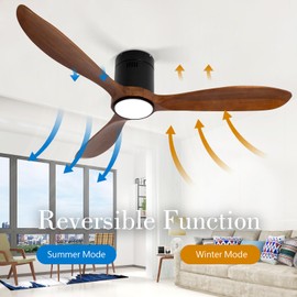 VACILL Flush Mount Ceiling Fan with Light and Remote, 52 inch Wooden Ceiling Fan, Low Profile Ceiling Fan with 3 Blades, 6 Speed, LED Dimmable, DC Motor (Dark Brown, Wood)
