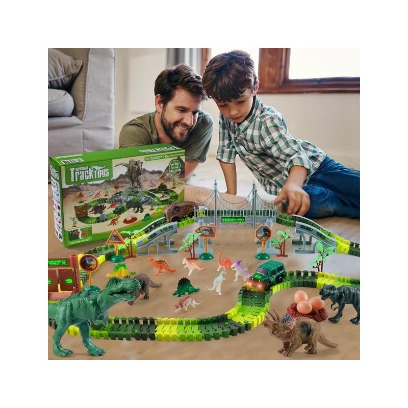 215 Pcs Glow-in-the-Dark Dinosaur Park Jurassic Race Track Train Playset