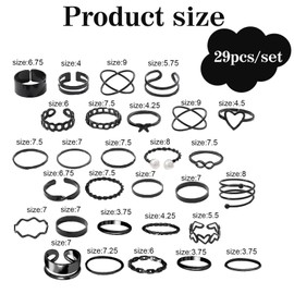LIUYIDM 29 Piece Vintage Silver Punk Rings Set Black for Men Women Open Knuckle Ring Stackable Gothic Rings Set Finger Rings Boho Women's Set Finger Midi Ring Set for