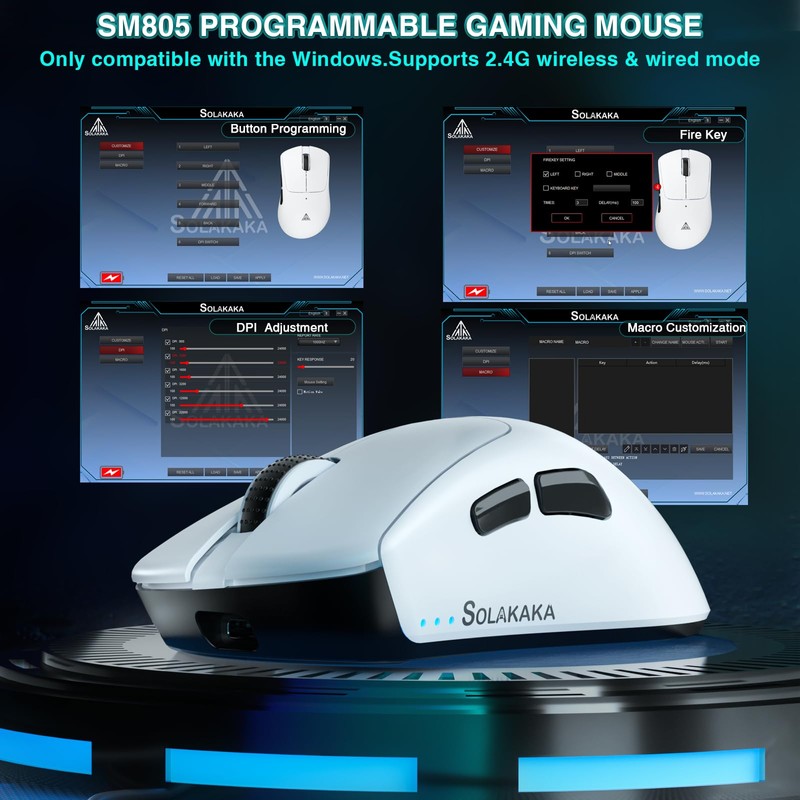 SOLAKAKA SM805 Lightweight Wireless Gaming Mouse,24000 DPI,Tri-Modes Connection,BT5.0/Type-C Wired/2.4G Wireless