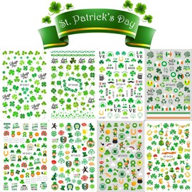 8 Sheets St. Patrick's Day Nail Art Stickers Green Clover Nail Art Decals 3D Self-Adhesive Lucky Clover Nail Art Supplies for Women St. Patrick's Day Nail Design