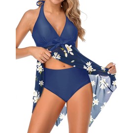 Holipick Traje de baño de dos piezas para mujer, traje de baño halter, traje de baño de malla con pantalones cortos de control de abdomen, Azul Floral, L